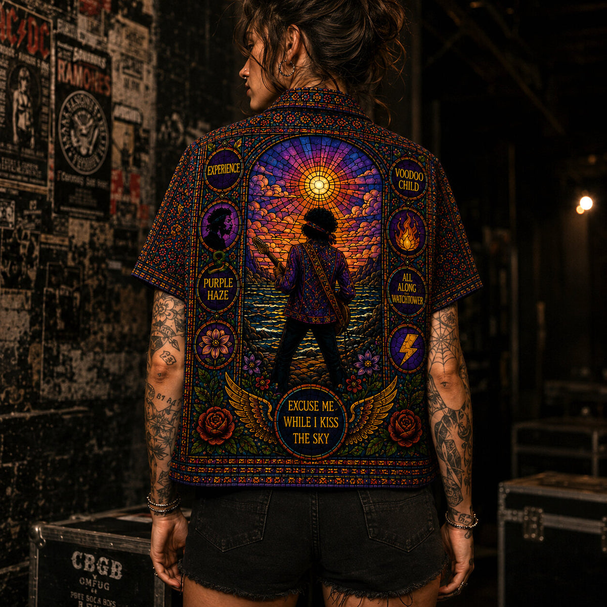 Jimi Hendrix Stained Glass Hawaiian Shirt, Voodoo Child Psychedelic Button Up, Purple Haze Guitar Fan Gift
