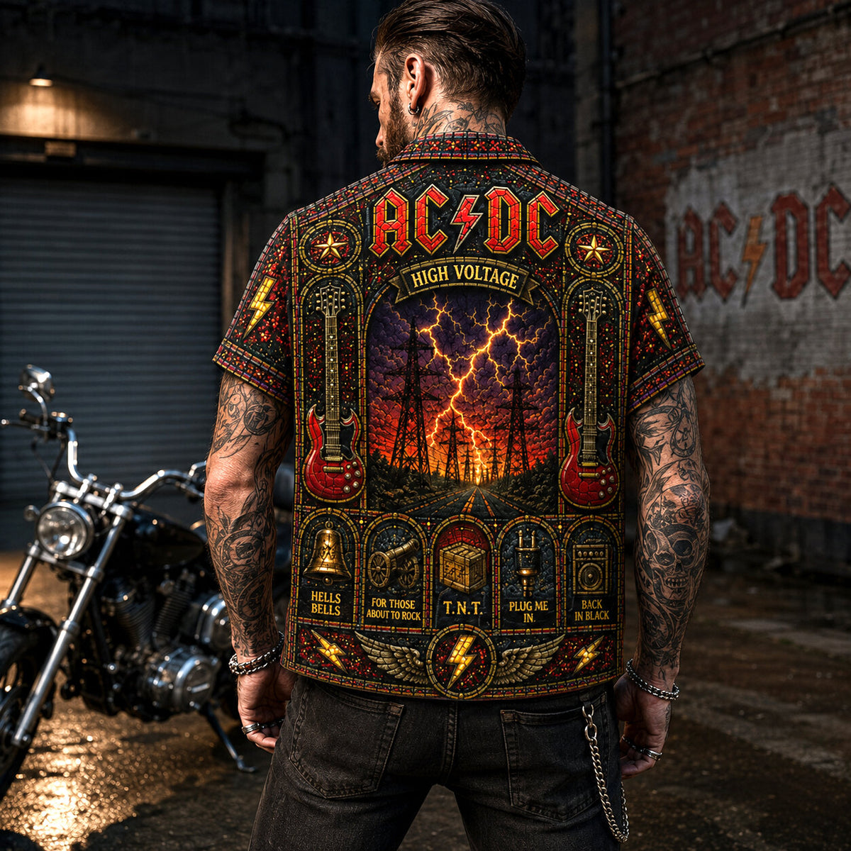 AC/DC High Voltage Stained Glass Hawaiian Shirt, Iconic Music Artwork Button Up, Rock Culture Fan Gift