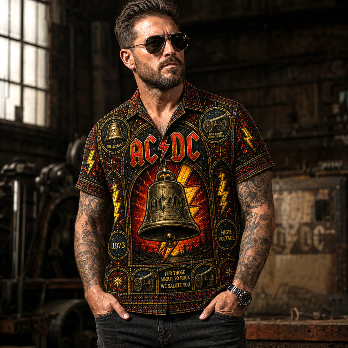 AC/DC High Voltage Stained Glass Hawaiian Shirt, Iconic Music Artwork Button Up, Rock Culture Fan Gift