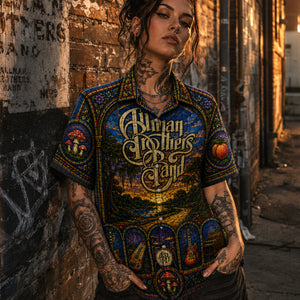 Allman Brothers Band Stained Glass Hawaiian Shirt, Ramblin Man Southern Rock Button Up, Fillmore Jam Music Fan Gift