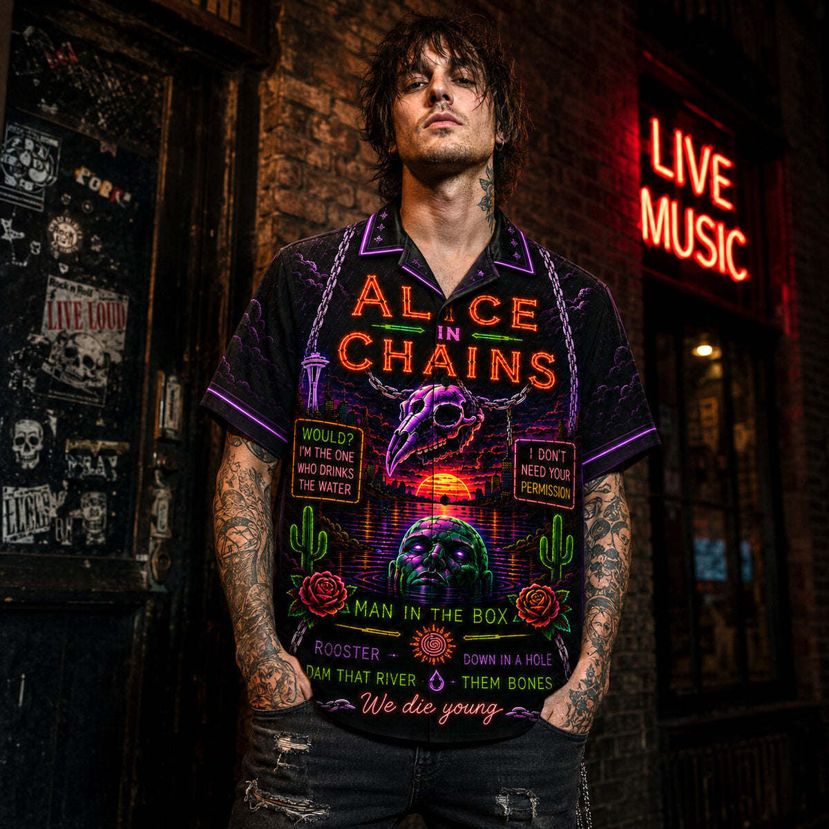Alice In Chains Neon Hawaiian Shirt, Dirt Grunge Metal Button Up, Man in the Box Music Fan Gift