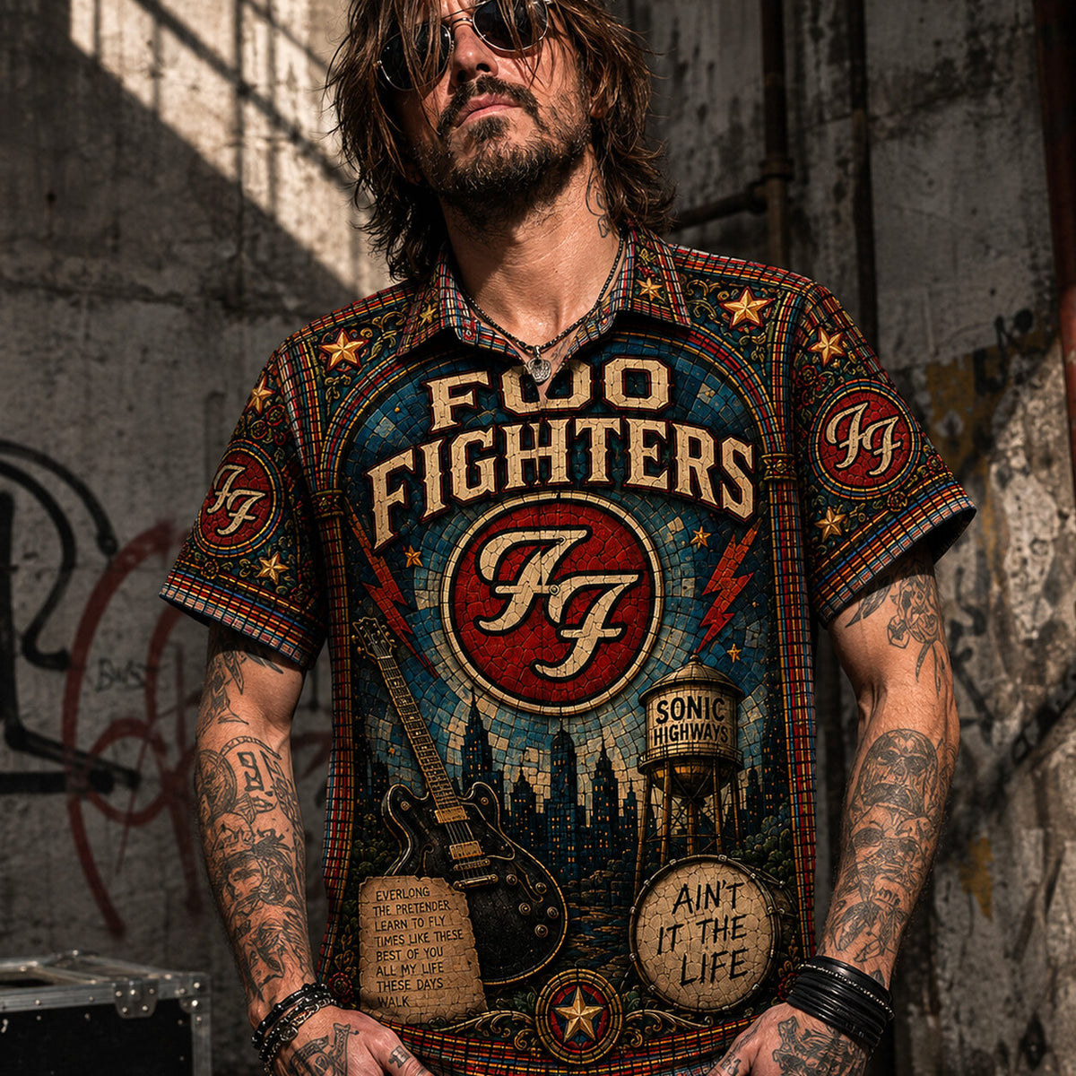Foo Fighters Stained Glass Hawaiian Shirt, Everlong Alternative Rock Button Up, The Pretender Music Fan Gift