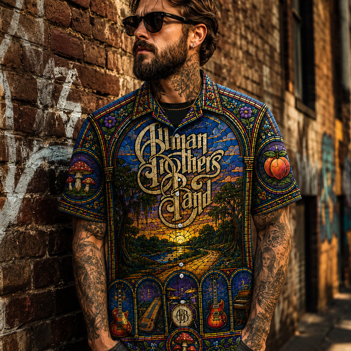 Allman Brothers Band Stained Glass Hawaiian Shirt, Ramblin Man Southern Rock Button Up, Fillmore Jam Music Fan Gift
