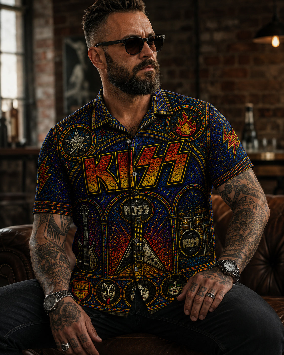 KISS Stainded Hawaiian Shirt, Destroyer Glam Rock Button Up, Detroit Rock City Fan Gift