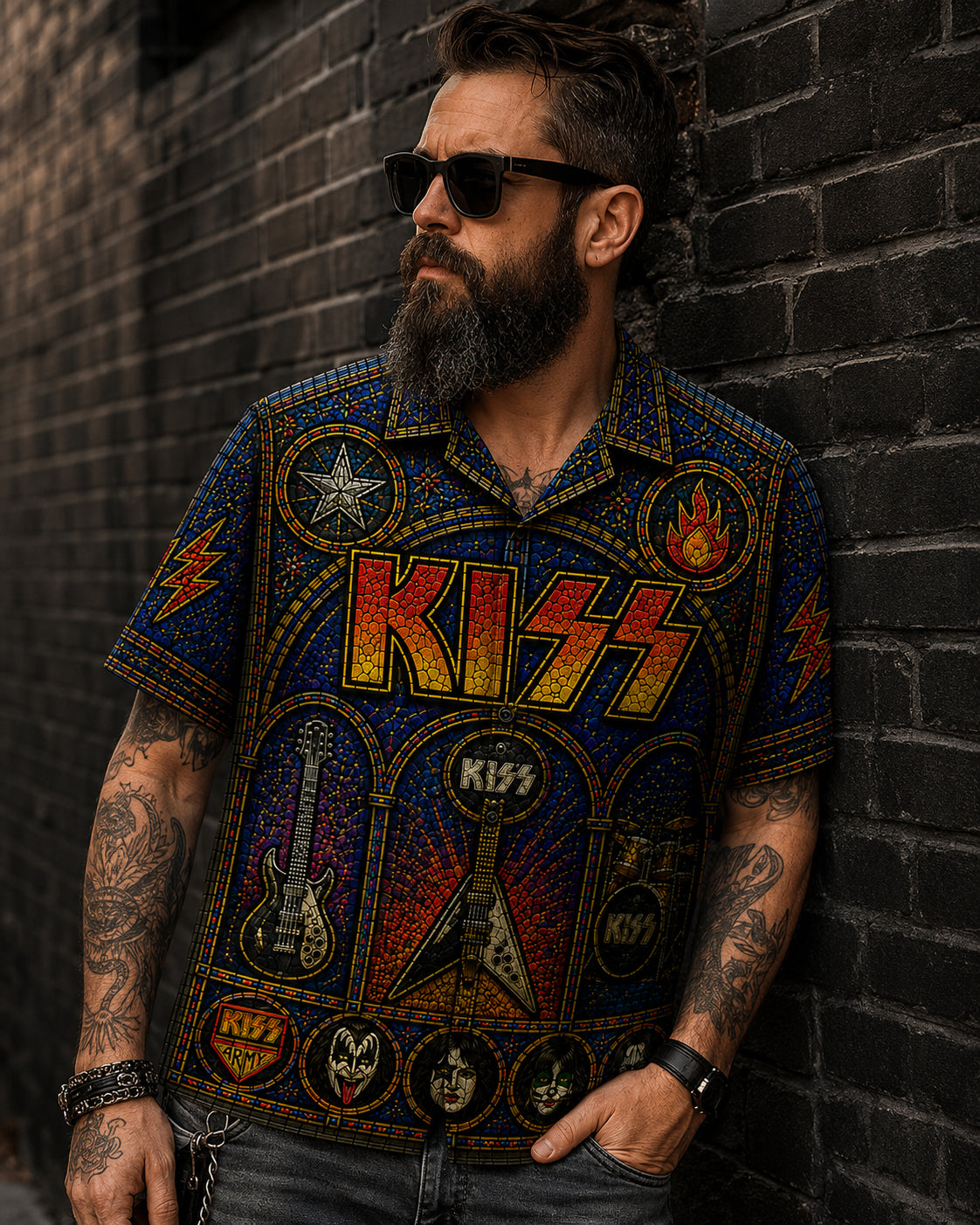 KISS Stainded Hawaiian Shirt, Destroyer Glam Rock Button Up, Detroit Rock City Fan Gift