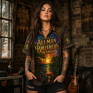 The Allman Brothers Band Sunset Stained Glass Hawaiian Shirt, Ramblin Man Southern Rock Button Up, Fillmore Jam Fan Gift