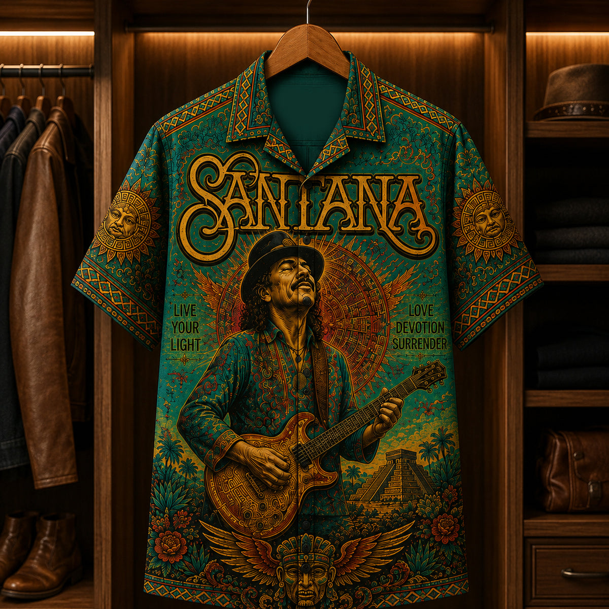 Santana Live Your Light Hawaiian Shirt, Abraxas Latin Rock Button Up, Black Magic Woman Fan Gift