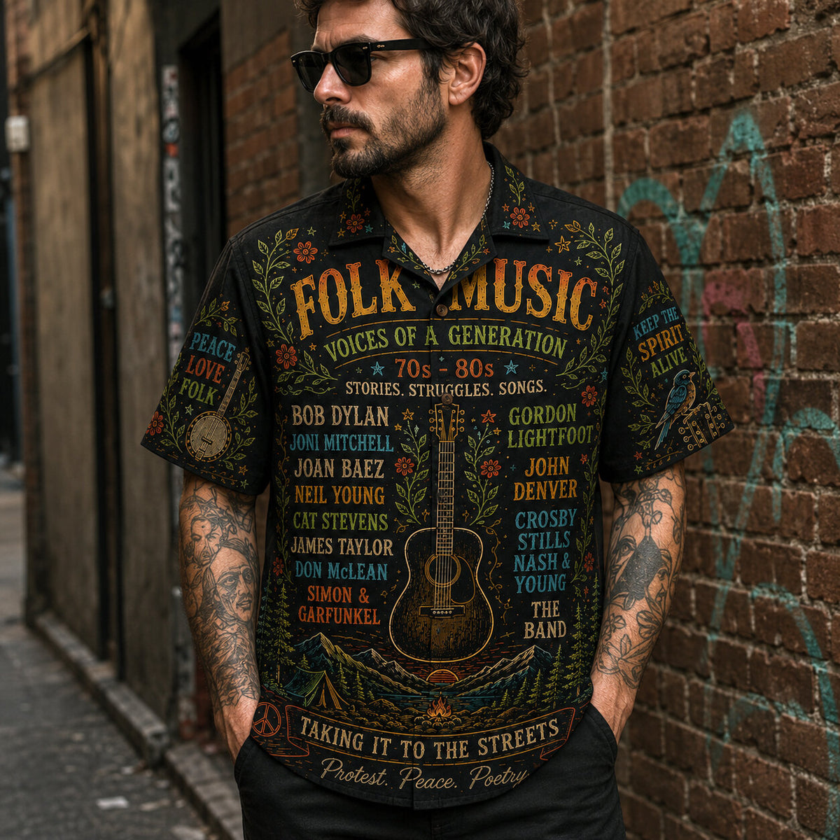 Folk Music Hawaiian Shirt, Retro Concert Artwork Button Up, Rock Music Collector Gift