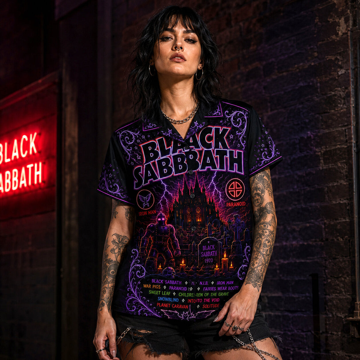 Black Sabbath Neon Hawaiian Shirt, Retro Concert Artwork Button Up, Rock Music Collector Gift