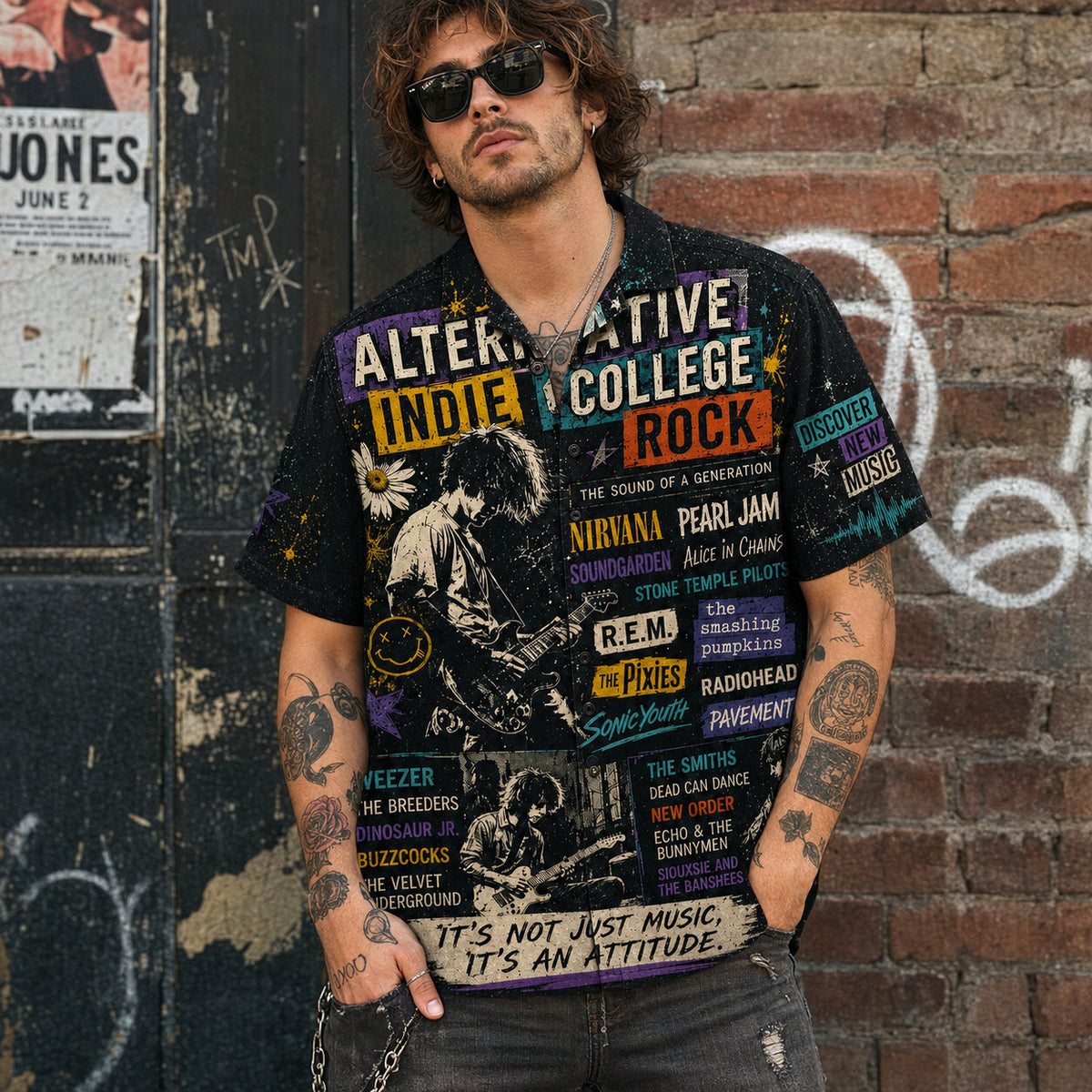 Alternative Indie Rock Hawaiian Shirt, Retro Concert Artwork Button Up, Rock Music Collector Gift