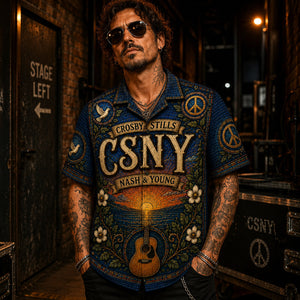 Crosby Stills Nash Young Stained Glass Hawaiian Shirt, Woodstock Folk Rock Button Up, Harmony Music Fan Gift