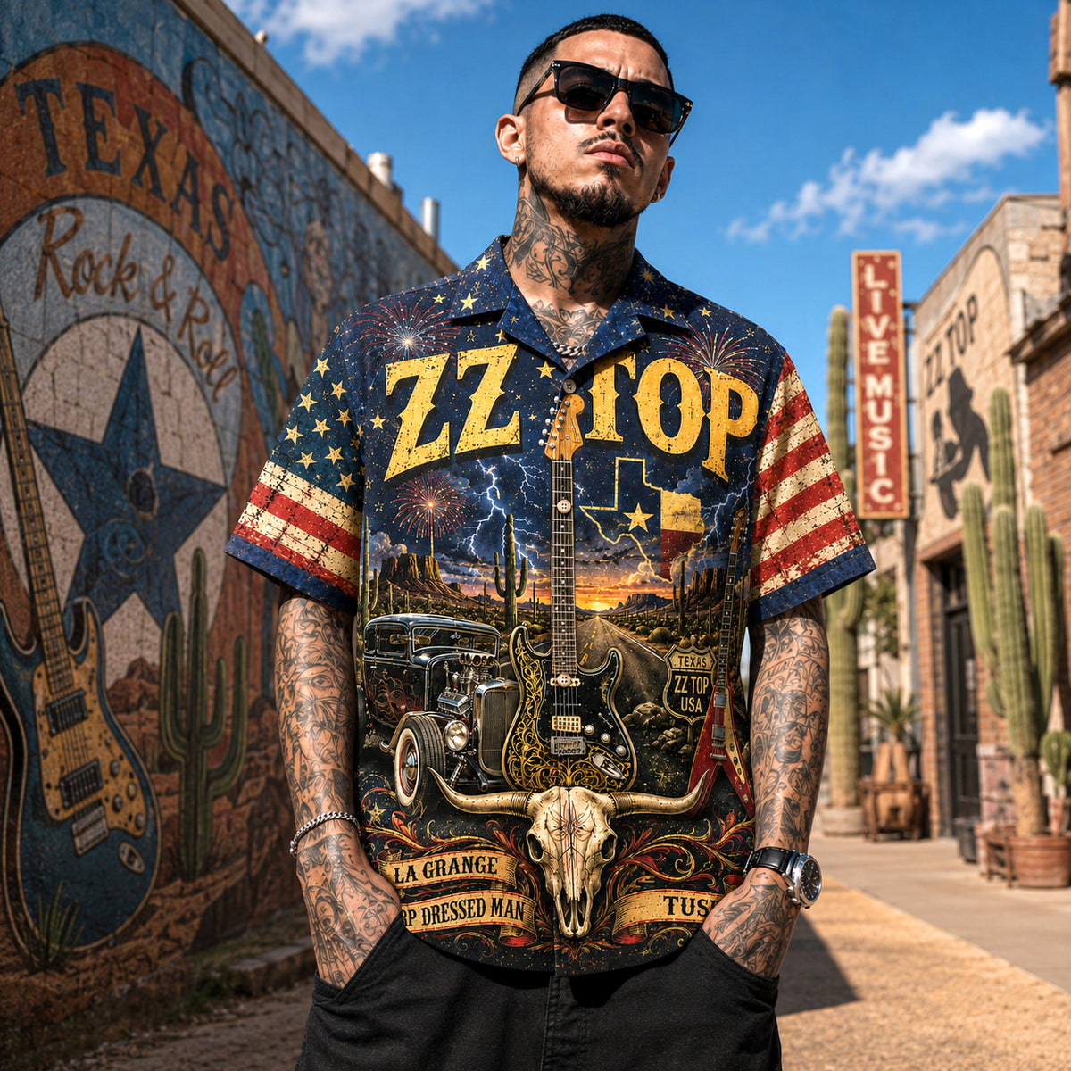 ZZ Top Hawaiian Shirt, Tres Hombres Texas Blues Button Up, Eliminator Hot Rod Rock Fan Gift