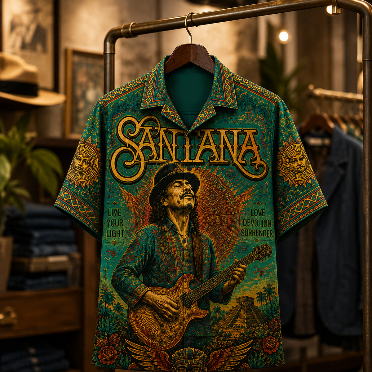 Santana Live Your Light Hawaiian Shirt, Abraxas Latin Rock Button Up, Black Magic Woman Fan Gift