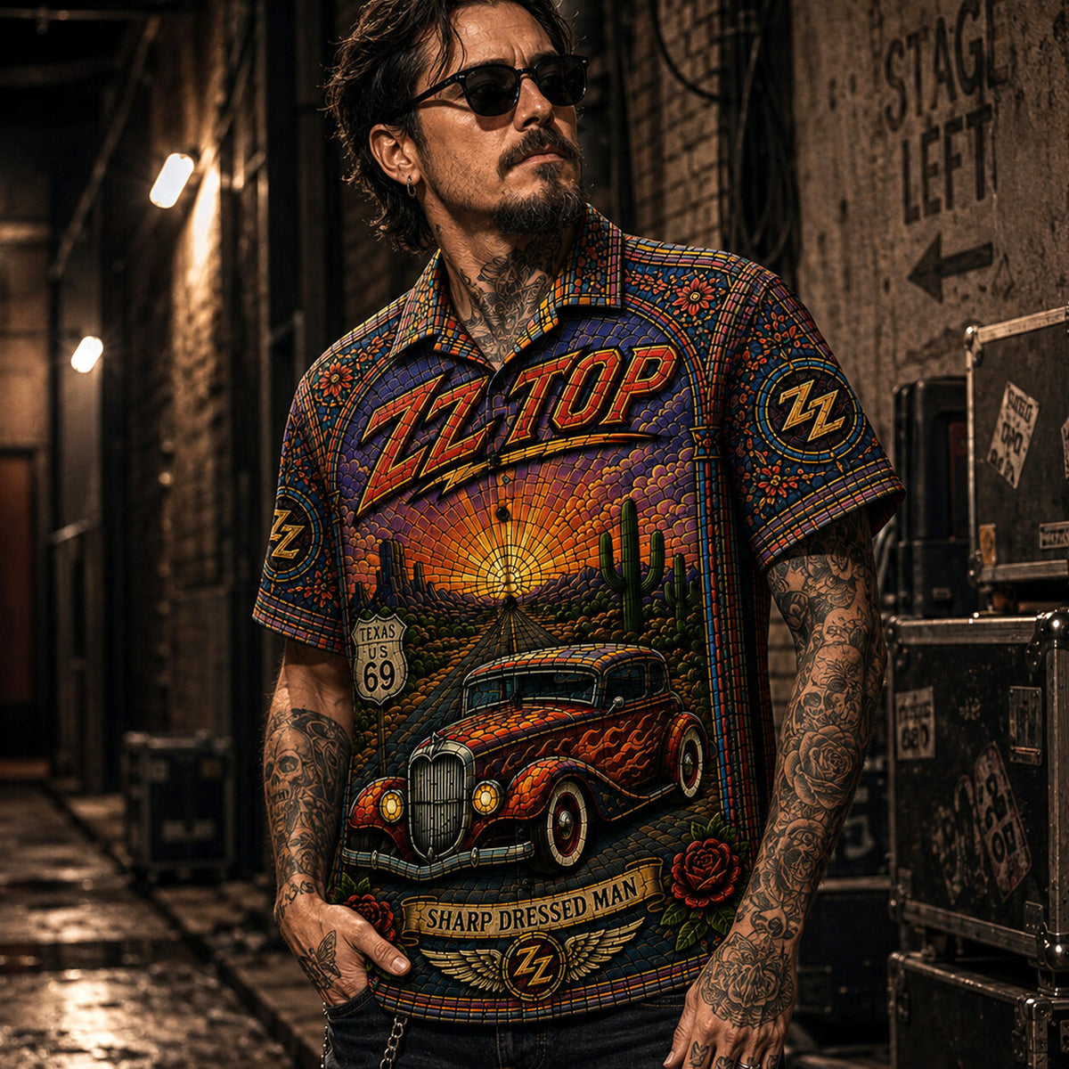 ZZ Top Stained Glass Hawaiian Shirt, Tres Hombres Texas Blues Button Up, Eliminator Hot Rod Rock Fan Gift