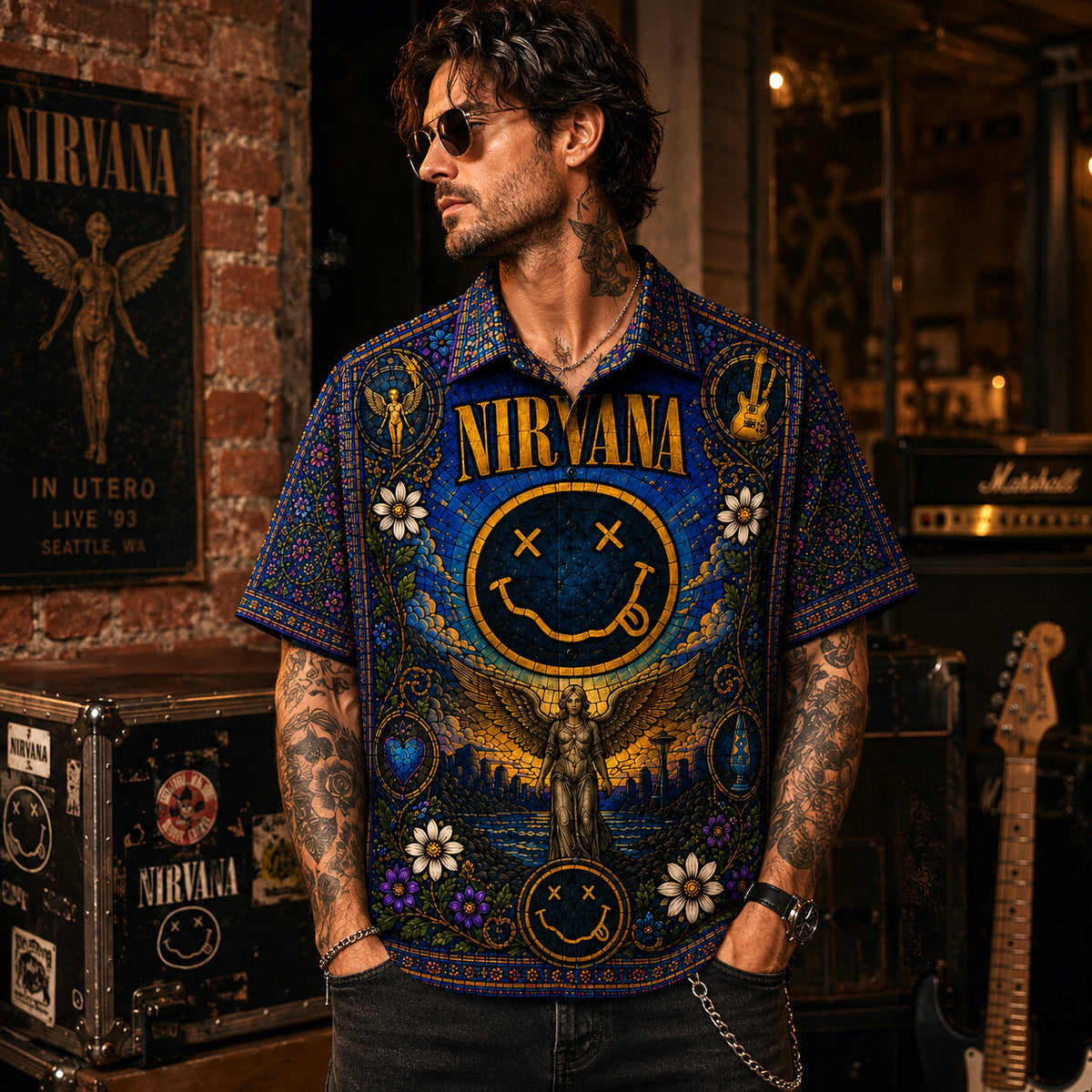 Nirvana Stained Glass Hawaiian Shirt, Nevermind Grunge Rock Button Up, Teen Spirit Music Fan Gift