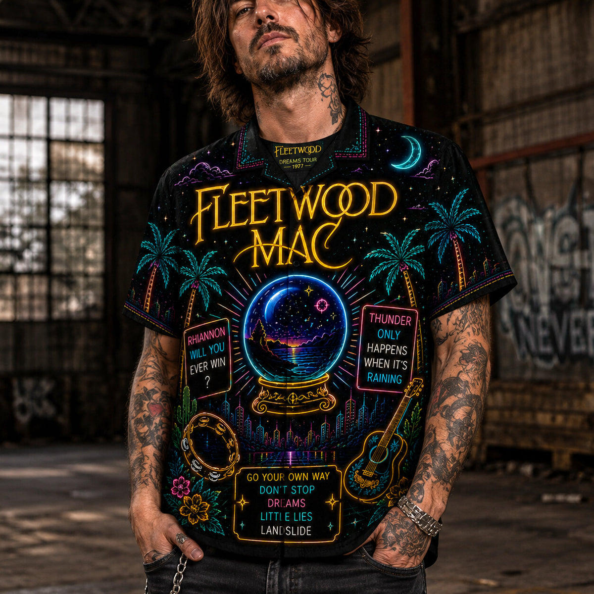 Fleetwood Mac Neon Hawaiian Shirt, Rumours Soft Rock Button Up, Dreams Classic Music Fan Gift