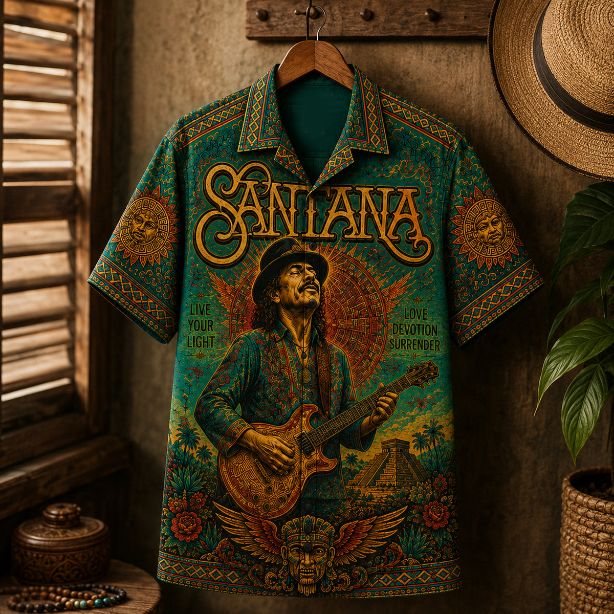 Santana Live Your Light Hawaiian Shirt, Abraxas Latin Rock Button Up, Black Magic Woman Fan Gift