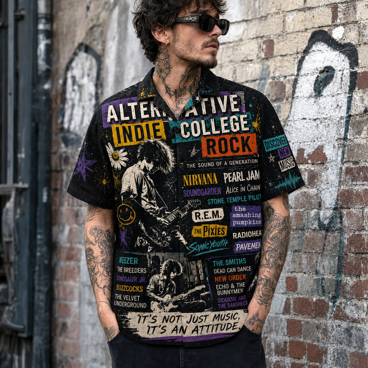 Alternative Indie Rock Hawaiian Shirt, Retro Concert Artwork Button Up, Rock Music Collector Gift