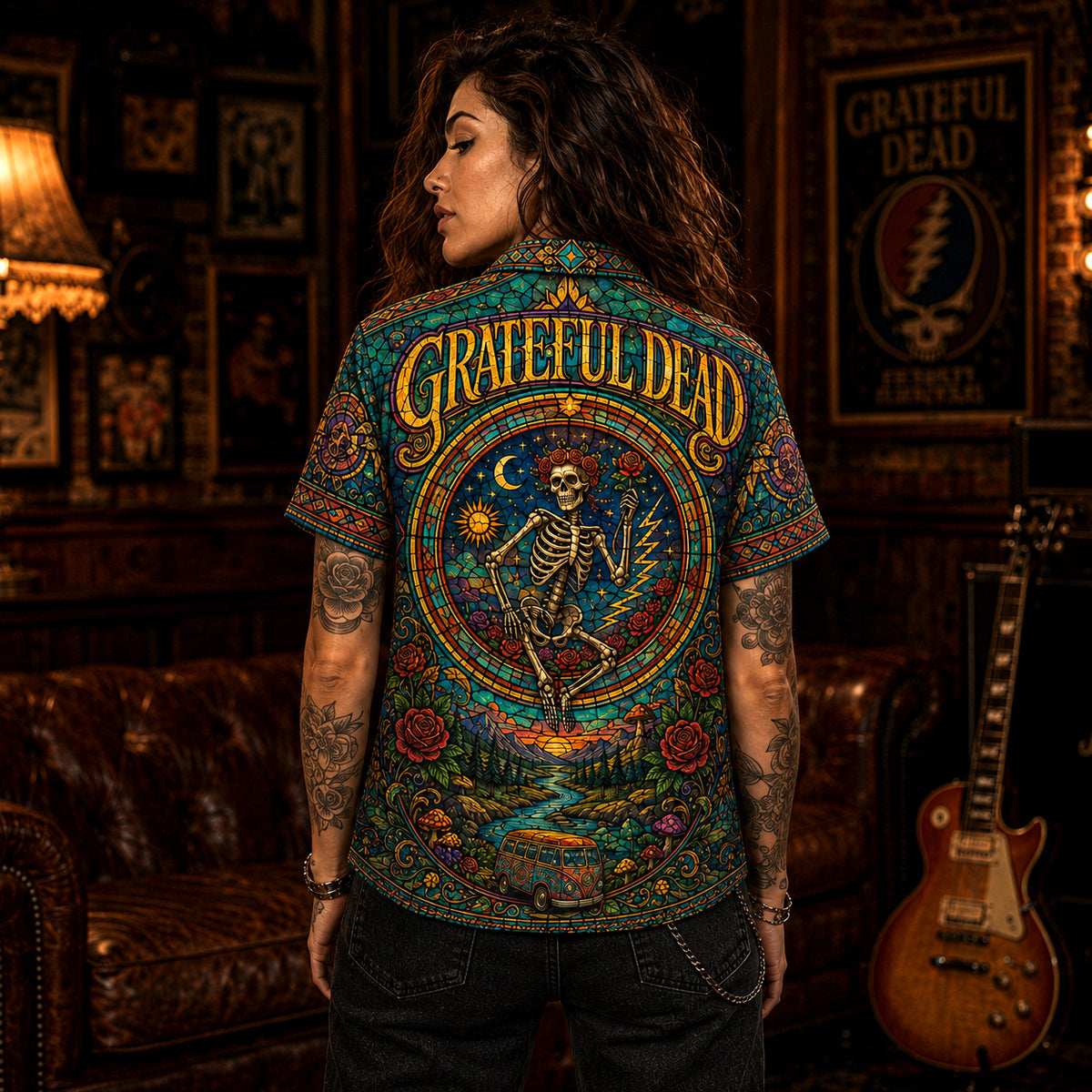 Grateful Dead Hawaiian Shirt, Dancing Bears Psychedelic Button Up, Deadhead Music Fan Gift