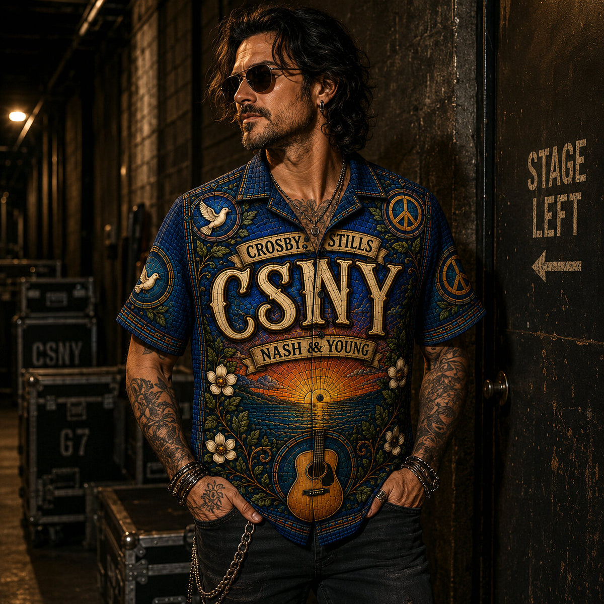 Crosby Stills Nash Young Stained Glass Hawaiian Shirt, Woodstock Folk Rock Button Up, Harmony Music Fan Gift