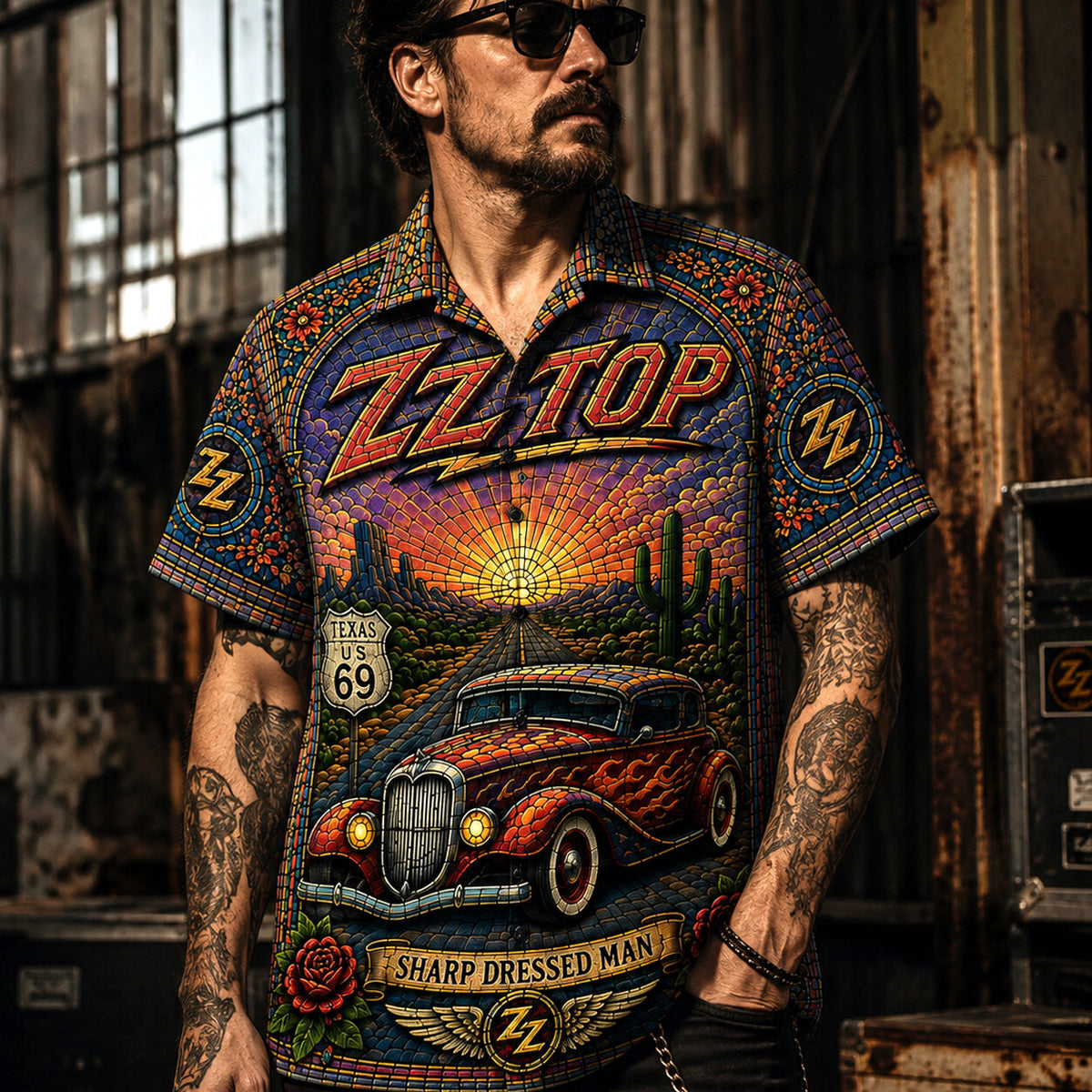 ZZ Top Stained Glass Hawaiian Shirt, Tres Hombres Texas Blues Button Up, Eliminator Hot Rod Rock Fan Gift
