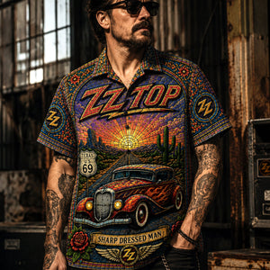 ZZ Top Stained Glass Hawaiian Shirt, Tres Hombres Texas Blues Button Up, Eliminator Hot Rod Rock Fan Gift