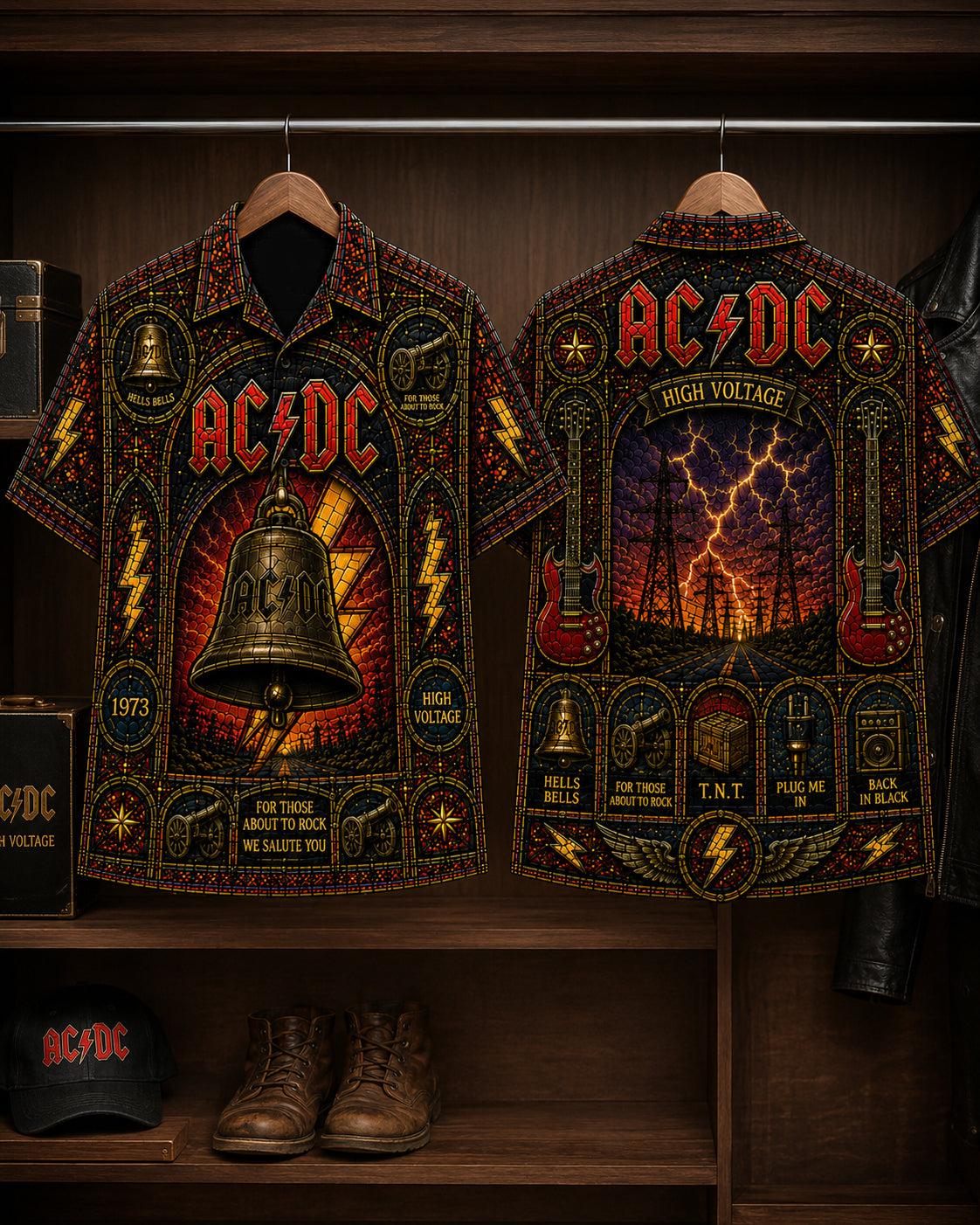 ACDC Stained Glass Hawaiian Shirt, Retro Concert Artwork Button Up, Rock Music Collector Gift