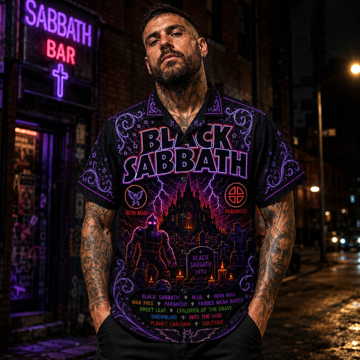 Black Sabbath Neon Hawaiian Shirt, Retro Concert Artwork Button Up, Rock Music Collector Gift