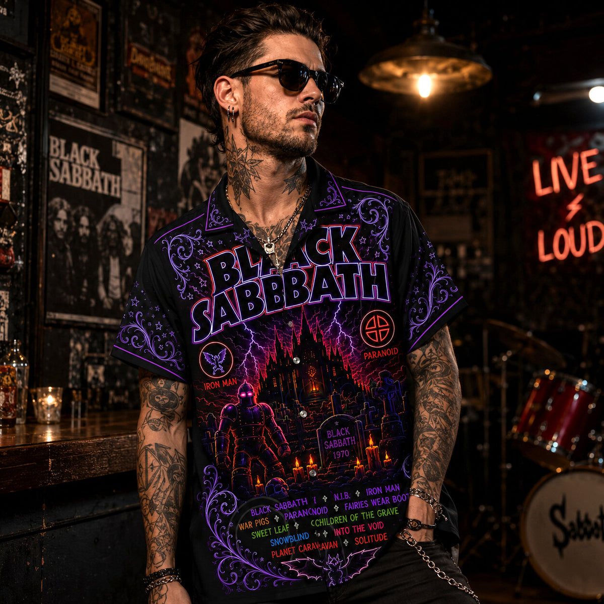 Black Sabbath Neon Hawaiian Shirt, Retro Concert Artwork Button Up, Rock Music Collector Gift