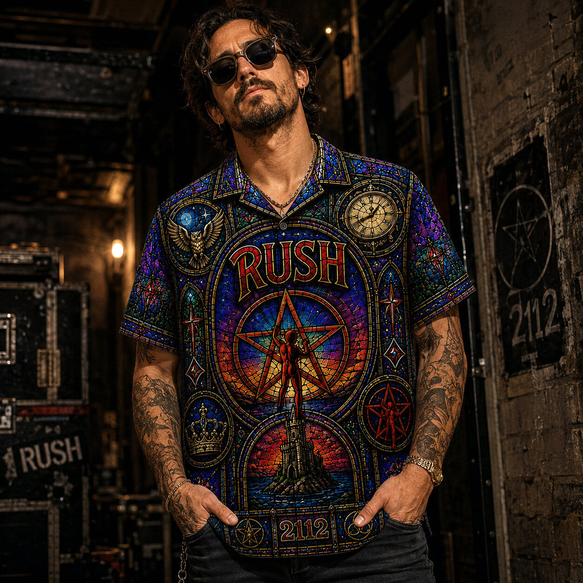 Rush Stained Glass Hawaiian Shirt, Classic Album Style Button Up, Vintage Music Fan Gift