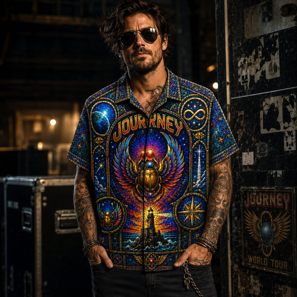 Journey Stained Glass Hawaiian Shirt, Dont Stop Believin Rock Button Up, Escape Era Music Fan Gift