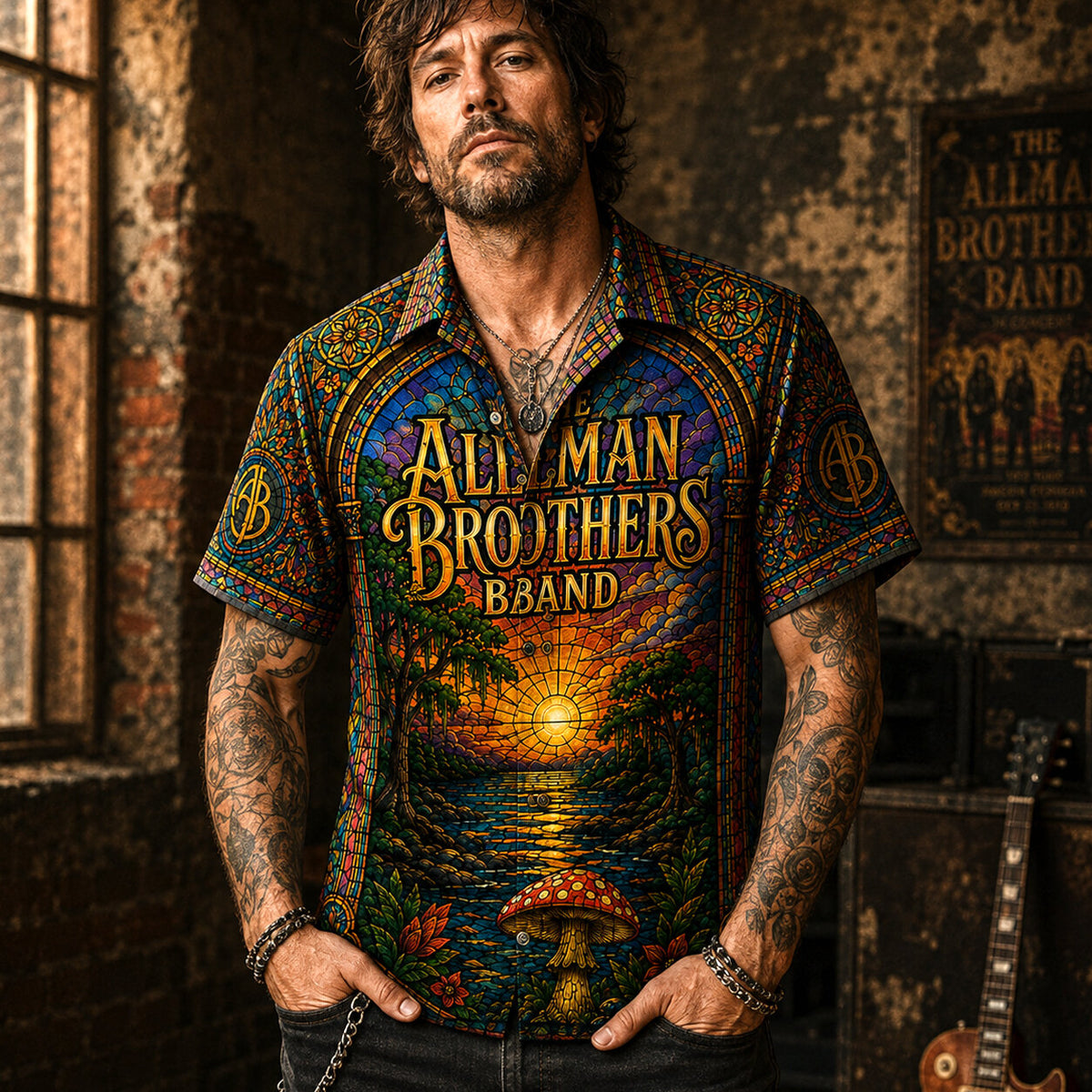 The Allman Brothers Band Sunset Stained Glass Hawaiian Shirt, Ramblin Man Southern Rock Button Up, Fillmore Jam Fan Gift