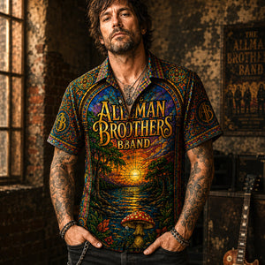 The Allman Brothers Band Sunset Stained Glass Hawaiian Shirt, Ramblin Man Southern Rock Button Up, Fillmore Jam Fan Gift
