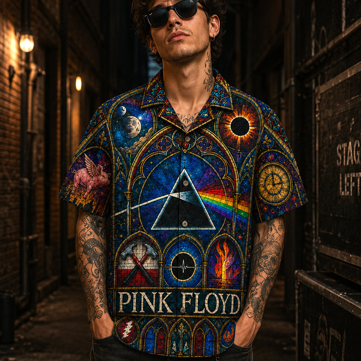 Pink Floyd Stained Glass Hawaiian Shirt, Stage Ready Rock Button Up, Festival Music Collector Gift