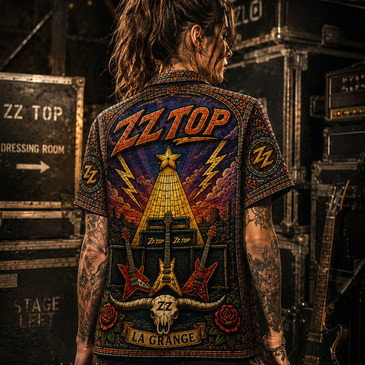 ZZ Top Stained Glass Hawaiian Shirt, Tres Hombres Texas Blues Button Up, Eliminator Hot Rod Rock Fan Gift