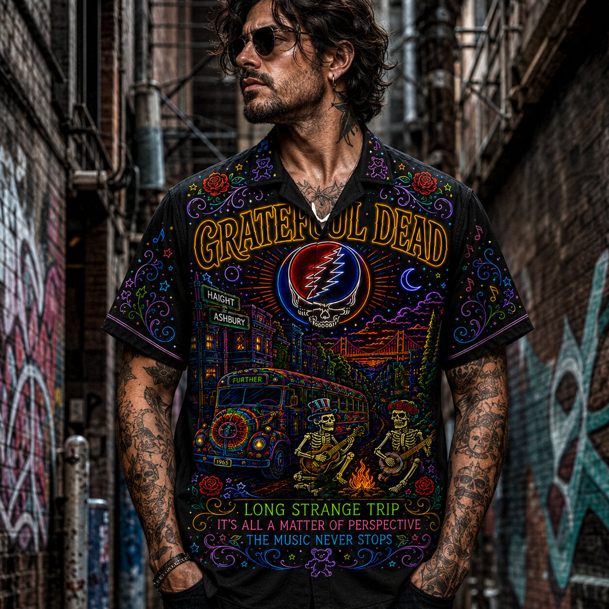 Grateful Dead Neon Light Hawaiian Shirt, Retro Concert Artwork Button Up, Rock Music Collector Gift