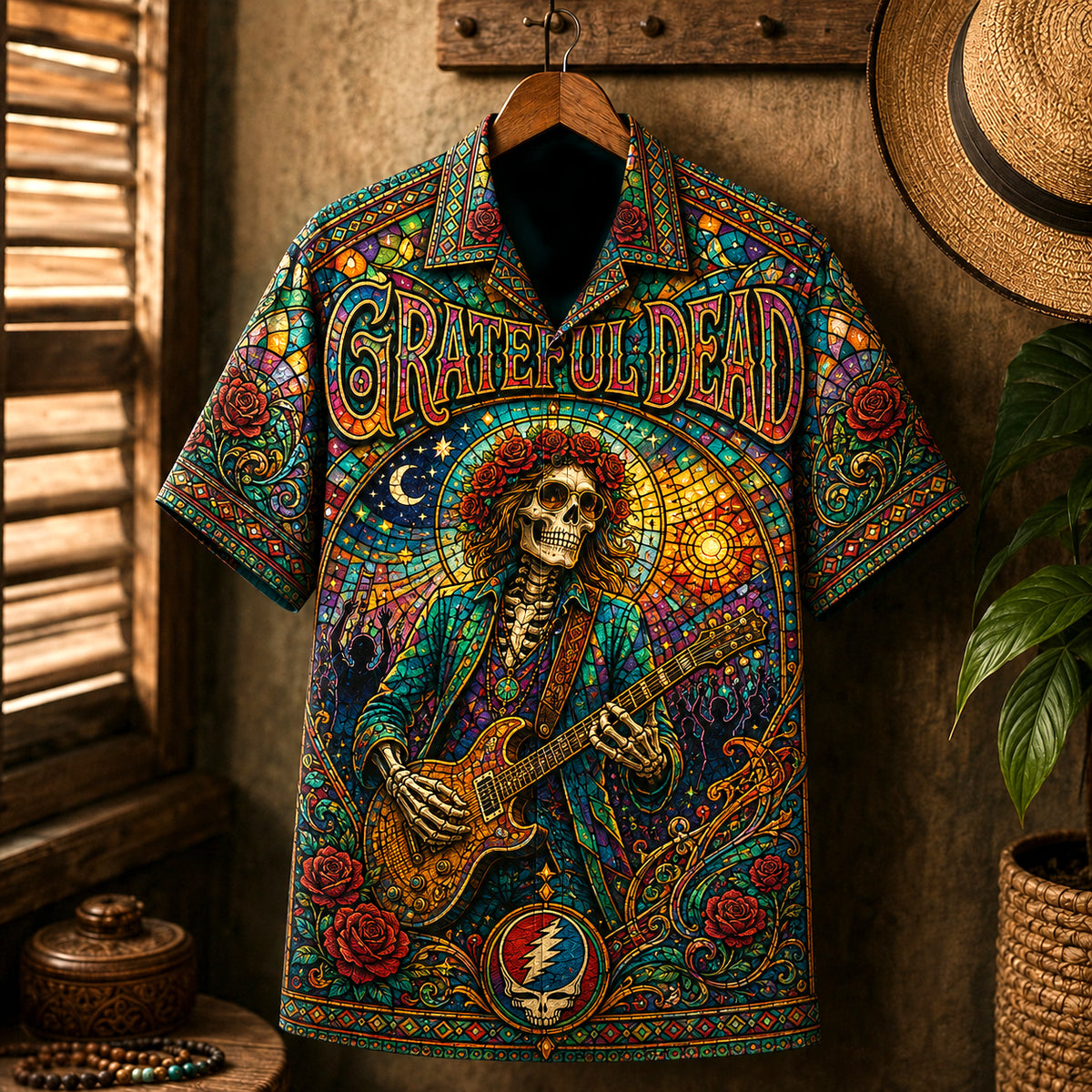 Grateful Dead Hawaiian Shirt, Dancing Bears Psychedelic Button Up, Deadhead Music Fan Gift