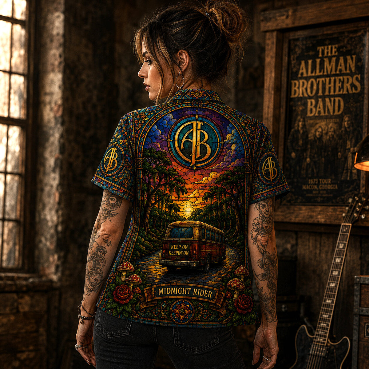 The Allman Brothers Band Sunset Stained Glass Hawaiian Shirt, Ramblin Man Southern Rock Button Up, Fillmore Jam Fan Gift
