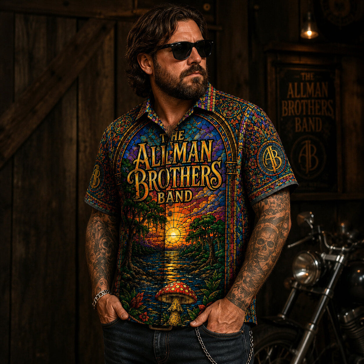 The Allman Brothers Band Sunset Stained Glass Hawaiian Shirt, Ramblin Man Southern Rock Button Up, Fillmore Jam Fan Gift