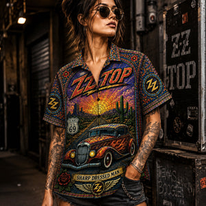 ZZ Top Stained Glass Hawaiian Shirt, Tres Hombres Texas Blues Button Up, Eliminator Hot Rod Rock Fan Gift