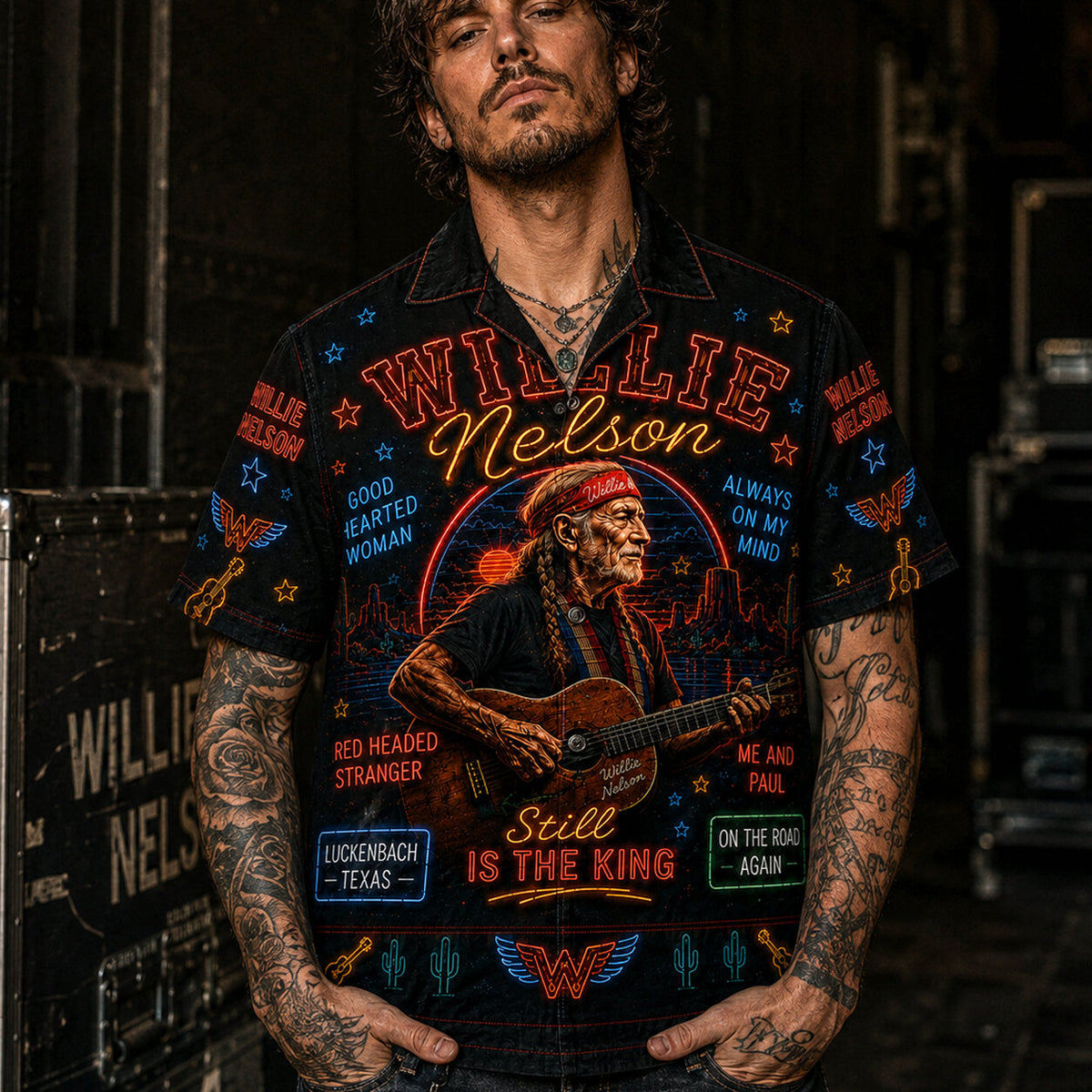 Willie Nelson Hawaiian Shirt, On the Road Again Button Up, Outlaw Country Music Fan Gift