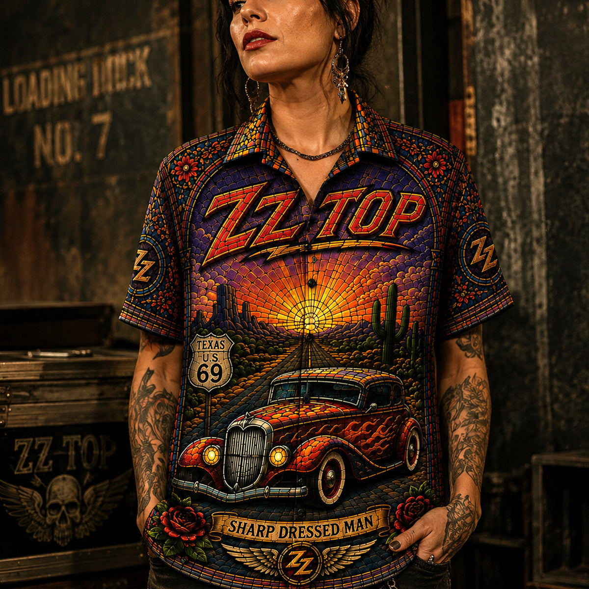 ZZ Top Stained Glass Hawaiian Shirt, Tres Hombres Texas Blues Button Up, Eliminator Hot Rod Rock Fan Gift