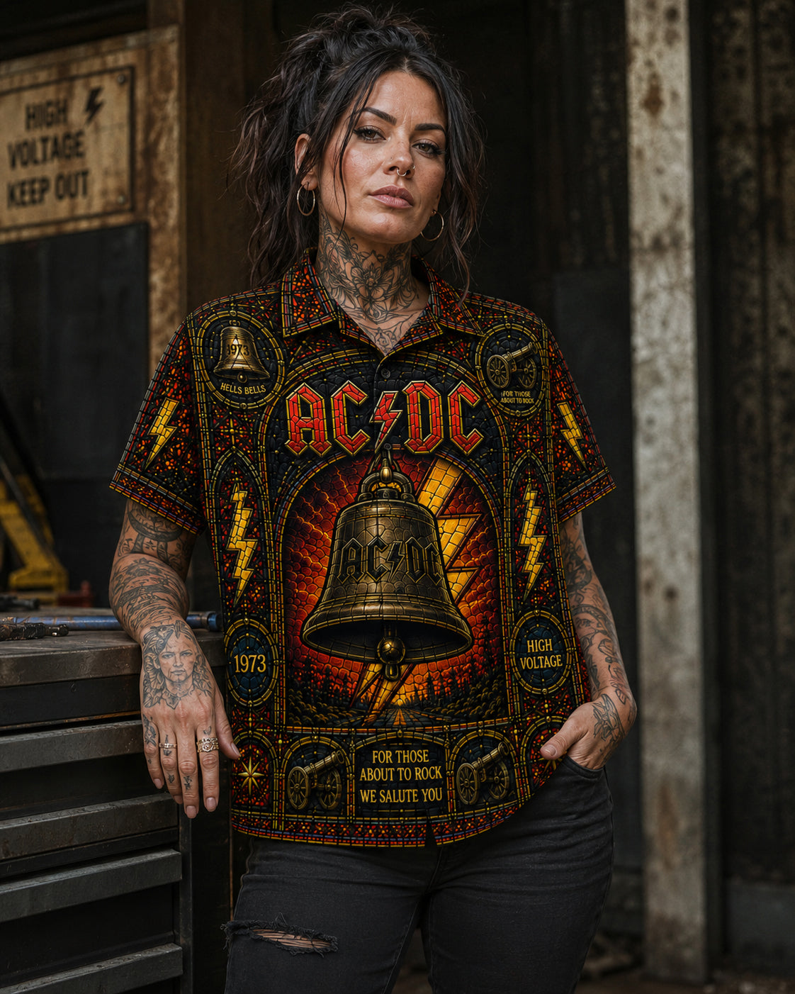 ACDC Stained Glass Hawaiian Shirt, Retro Concert Artwork Button Up, Rock Music Collector Gift