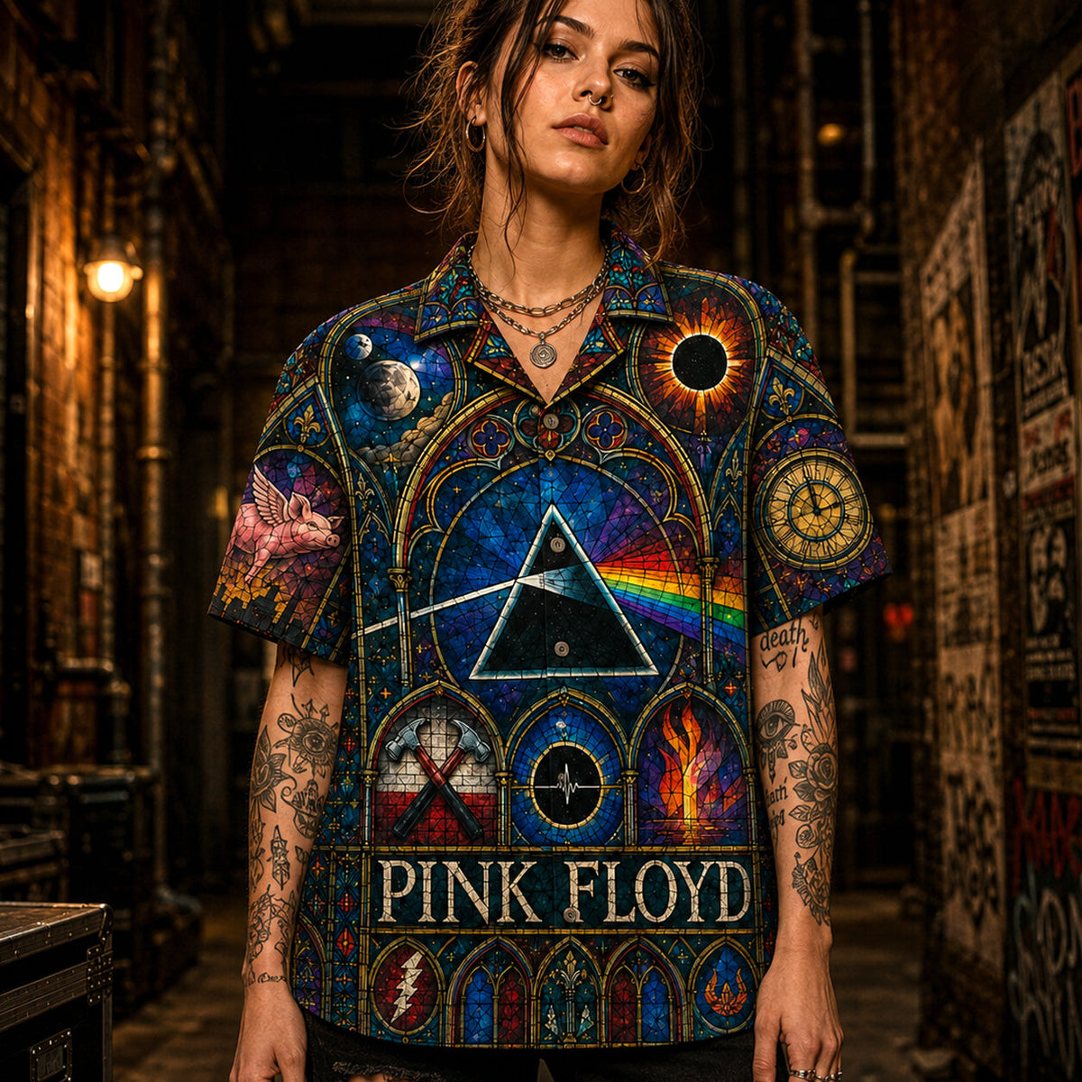 Pink Floyd Stained Glass Hawaiian Shirt, Stage Ready Rock Button Up, Festival Music Collector Gift