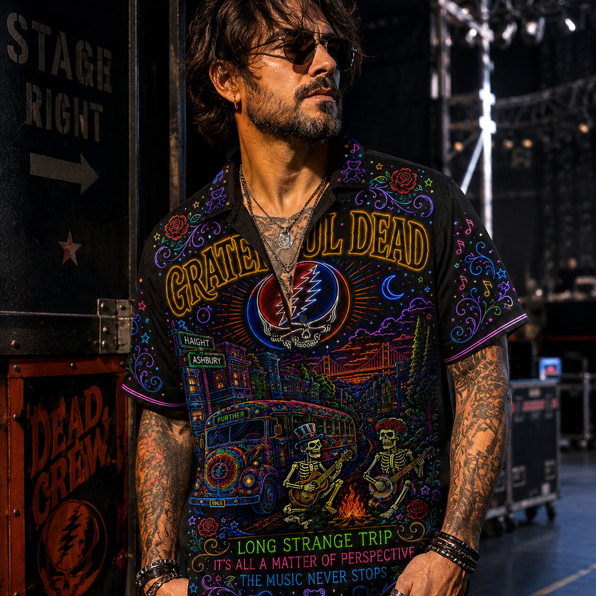 Grateful Dead Neon Light Hawaiian Shirt, Retro Concert Artwork Button Up, Rock Music Collector Gift