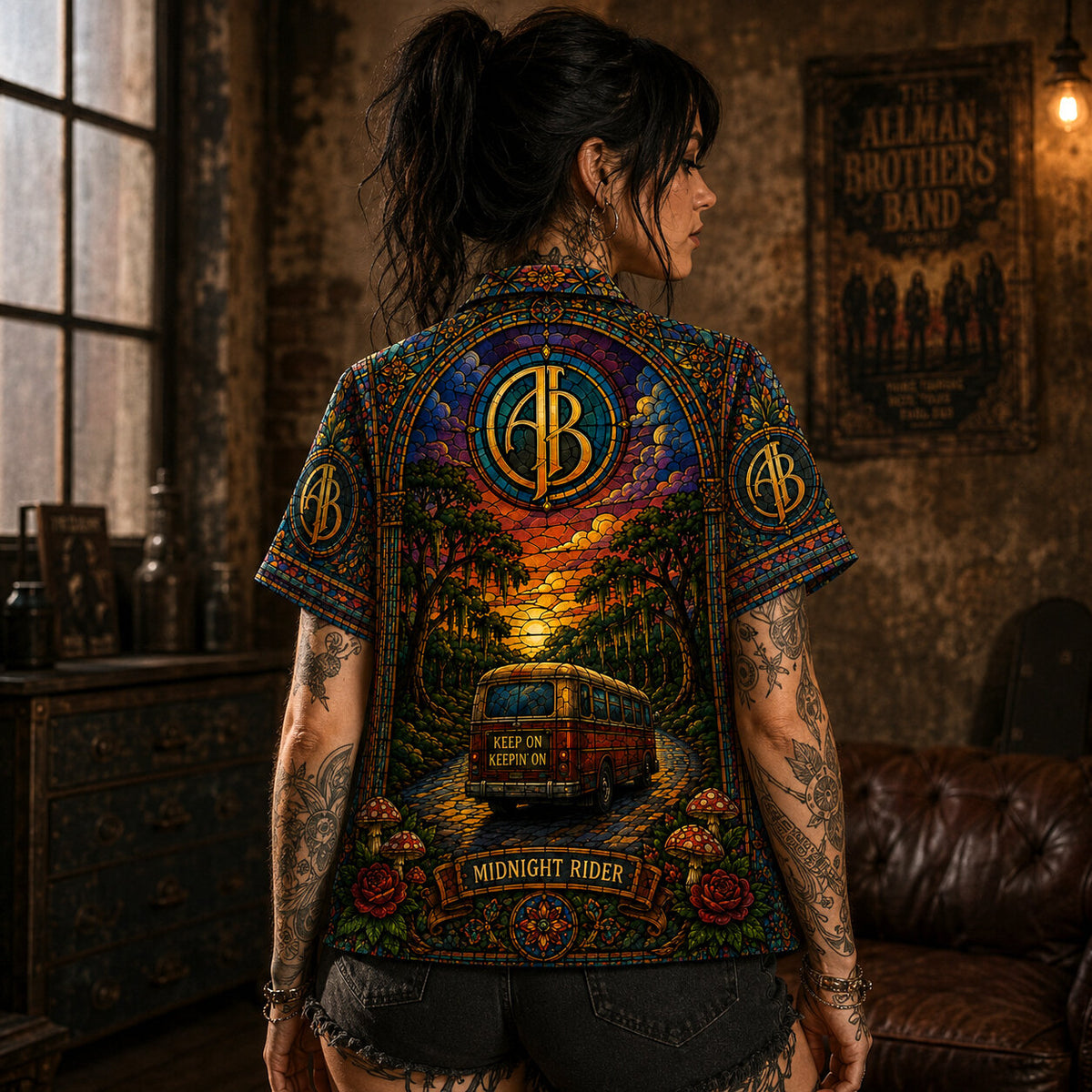 The Allman Brothers Band Sunset Stained Glass Hawaiian Shirt, Ramblin Man Southern Rock Button Up, Fillmore Jam Fan Gift