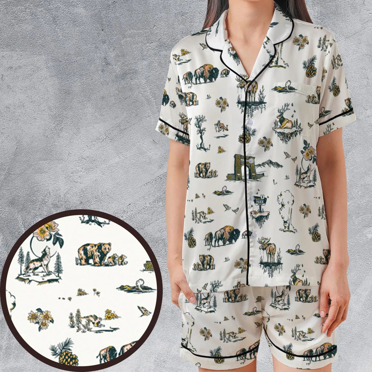 Yellowstone National Park Pattern Satin Short-Sleeve Pajamas Set