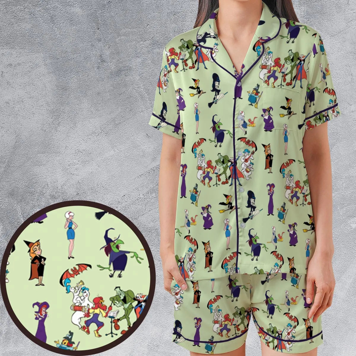 70s Witches Cartoon Characters Satin Short-Sleeve Pajamas Set