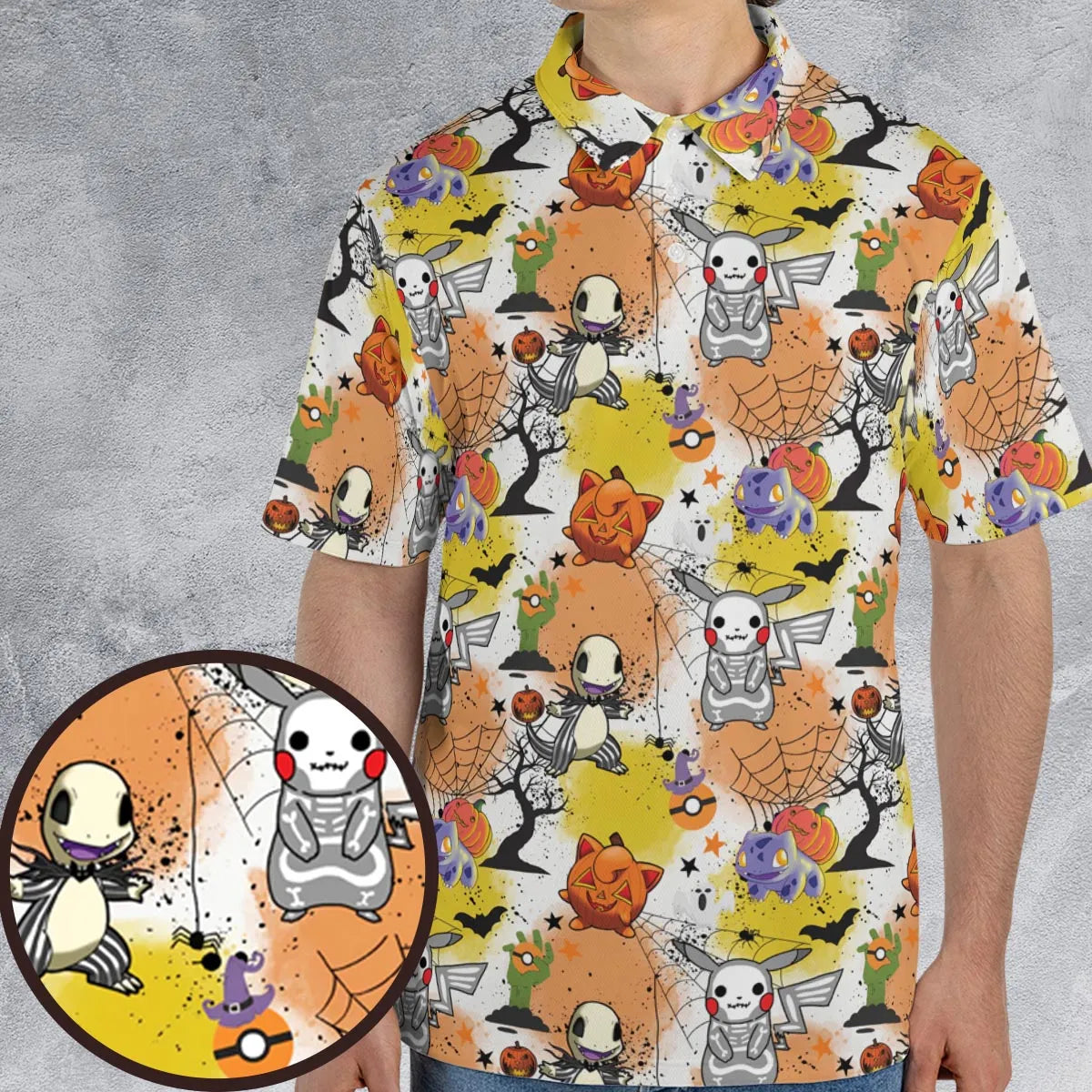 Spooky Costume Pikachu Charmander Jigglypuff Bulbasaur Pokemon AOP Men/Women Polo Shirt