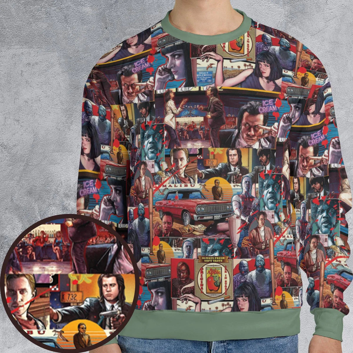 Retro Scenes Mia Wallace Vincent Vega Jules Winnfields Pulp Fiction All-over Print Sweatshirt